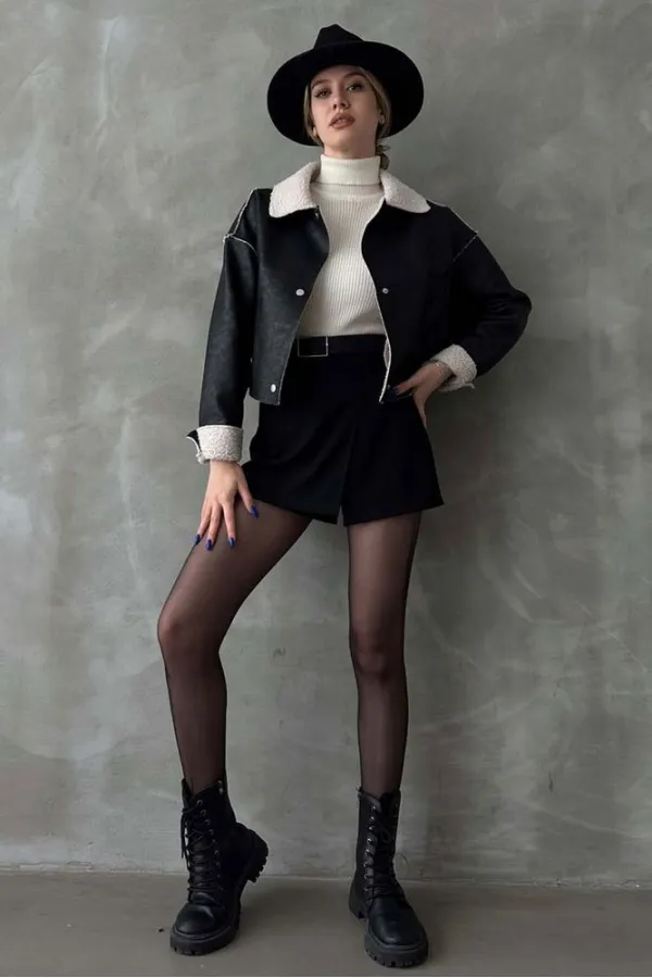 Nubuk Yakası Kürklü Toptan Mont - Siyah | TOPSHOW | F1577