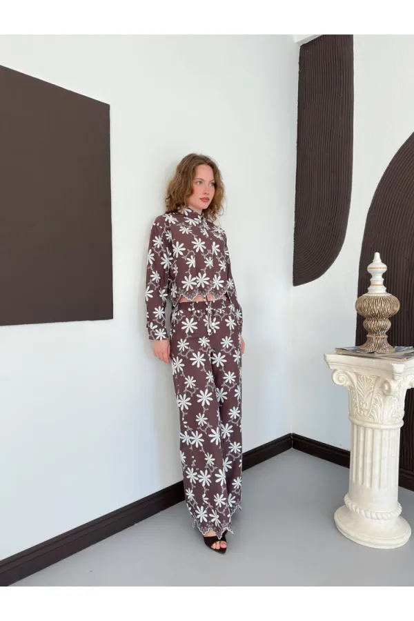 D 2913 EMBROIDERED TROUSERS - BROWN D 2913 EMBROIDERED TROUSERS - BROWN