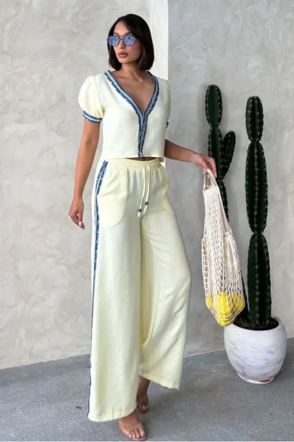 Kot Şeritli Toptan Pantolon   Sarı | Topshow | F1890