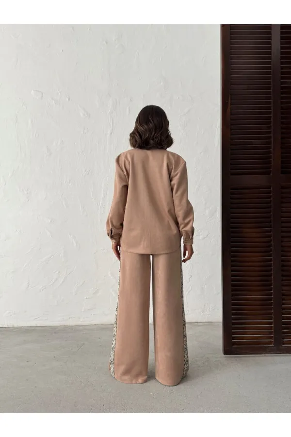 Topshow Stripe Detailed Scuba Suede Trousers - Mink | F1972