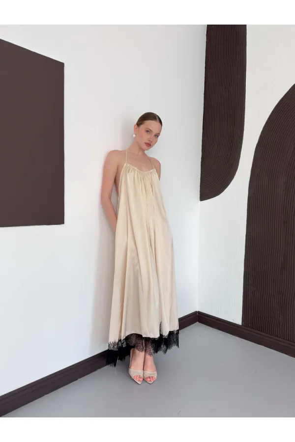 D 3022 DANTEL DETAYLI SATEN ELBİSE - TAŞ