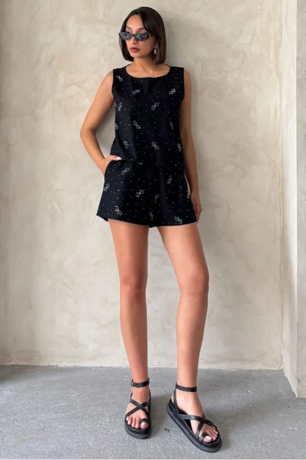 Fiyonk Taş Baskılı Şort - Siyah | Topshow