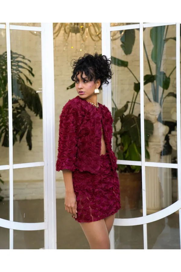 Veste en tulle à motif rose bordeaux Topshow (vente en gros) | F1754