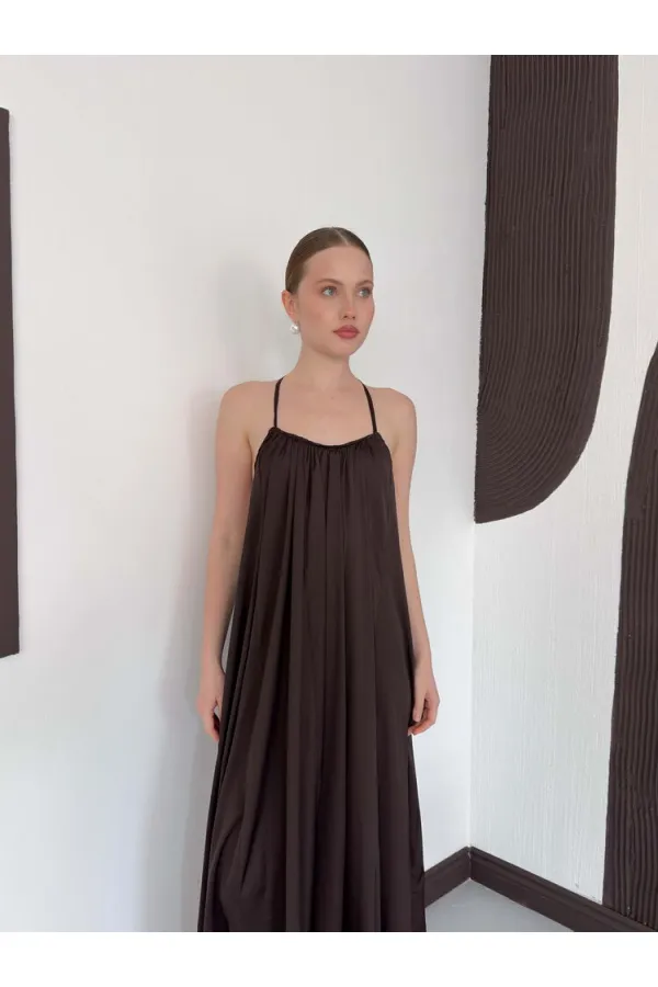 D 3022 DANTEL DETAYLI SATEN ELBİSE - KAHVE