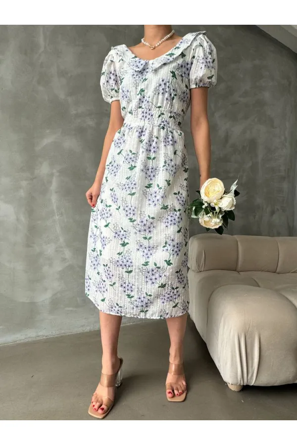 Topshow Purple Embroidery Detailed Patterned Wholesale Dress