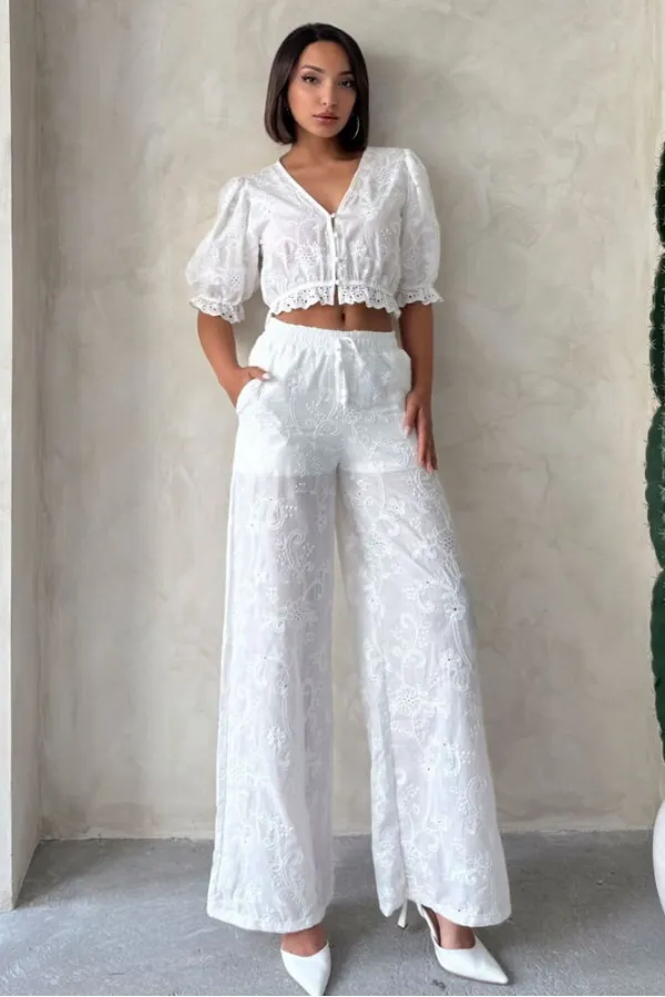 Nakışlı  Pantolon - Krem | Topshow