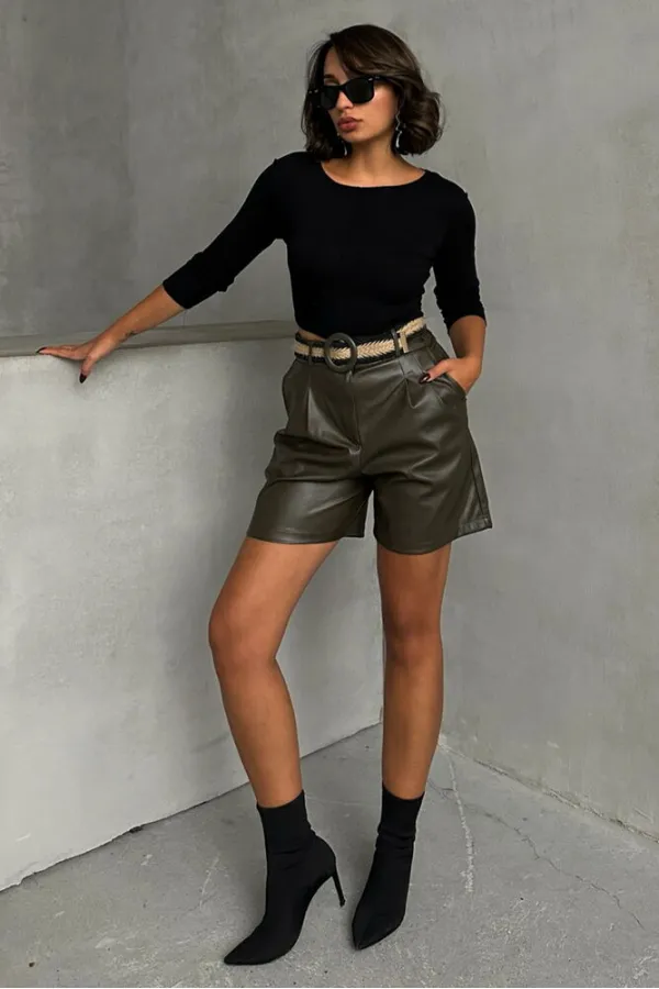 Kemerli Deri Toptan Şort - Haki | TOPSHOW | F1497