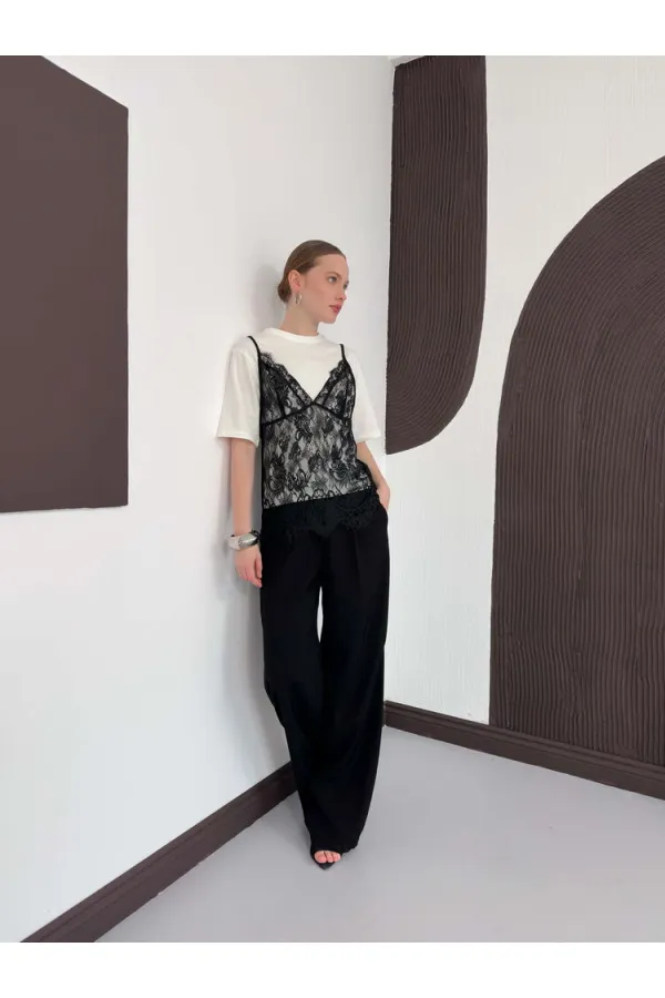 Penye Tunik Üstü Dantel Kısa Elbise - Krem | D3009 Topshow