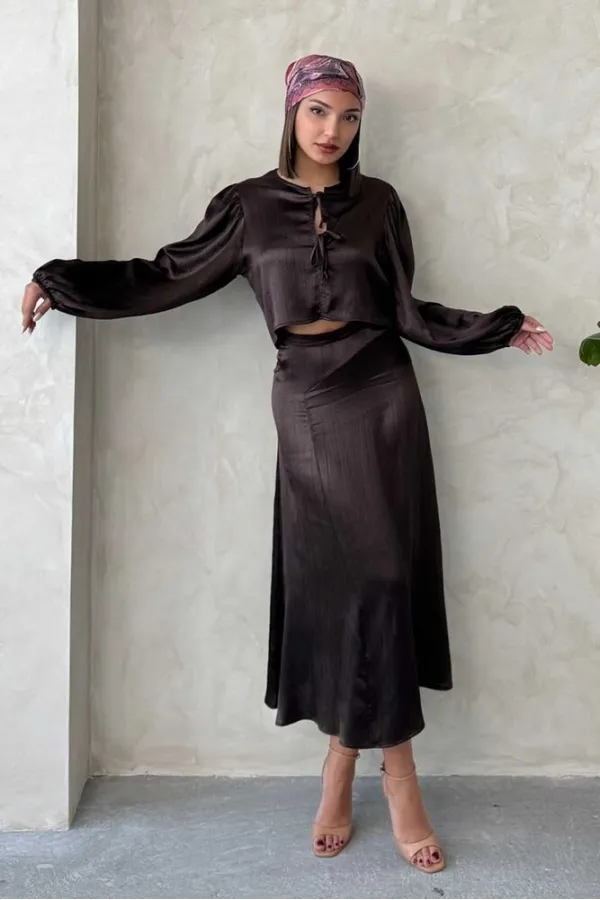 Kraşlı Saten Toptan Etek - Kahve | Topshow | F1915