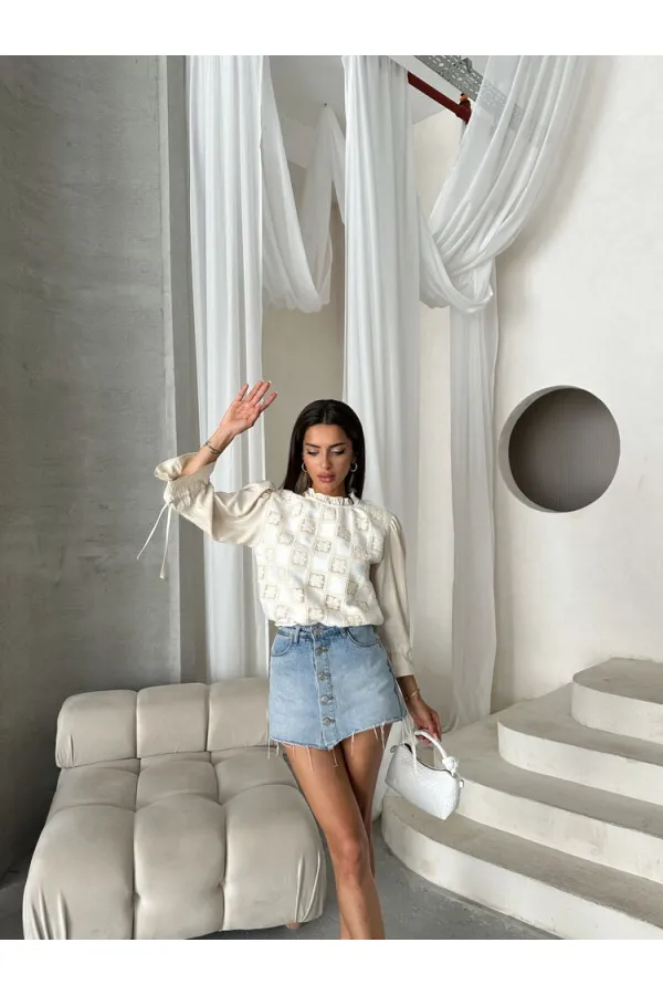 Topshow Stone Cream Lace Detail Wholesale Blouse | F1693