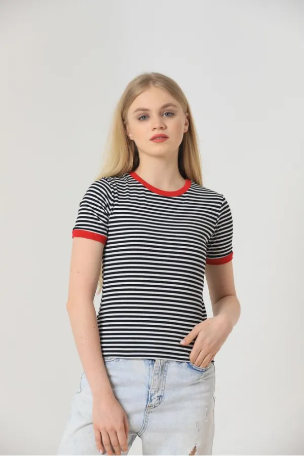 T-shirt Topshow rayé noir et rouge en gros