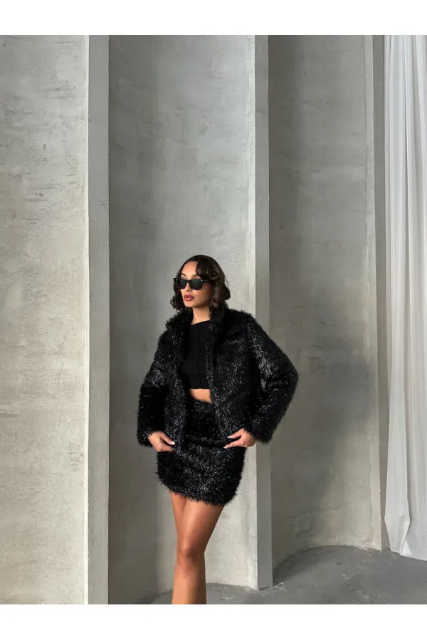 Manteau à franges pailletées en gros - Noir | TOPSHOW | F1838