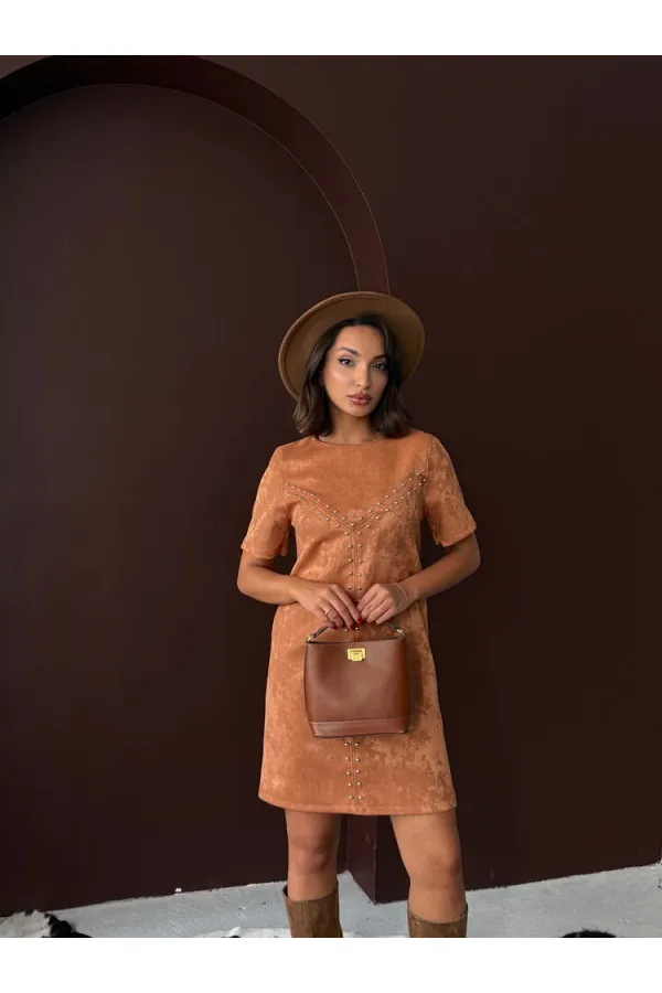 Topshow Drop Suede Wholesale Dress - Tan | F2039