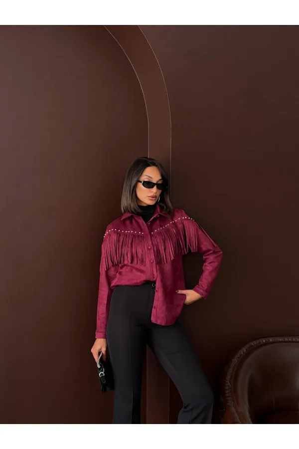 Chemise Topshow à franges en daim scuba - Rouge bordeaux | F2029