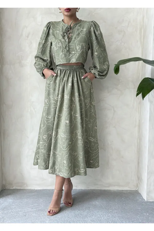 Nakışlı Toptan Etek - Açık Haki | Topshow | F1901