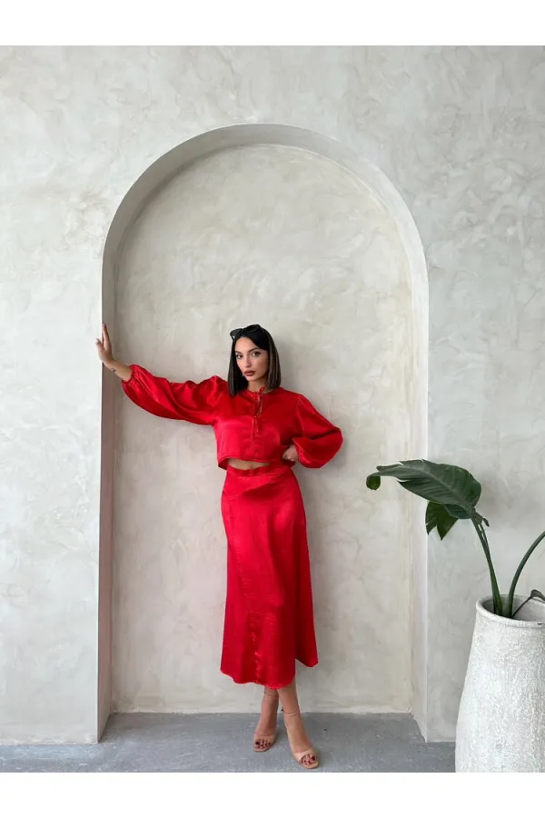Kraşlı Saten Önden Bağlamalı Toptan Bluz - Kırmızı | Topshow | F1916