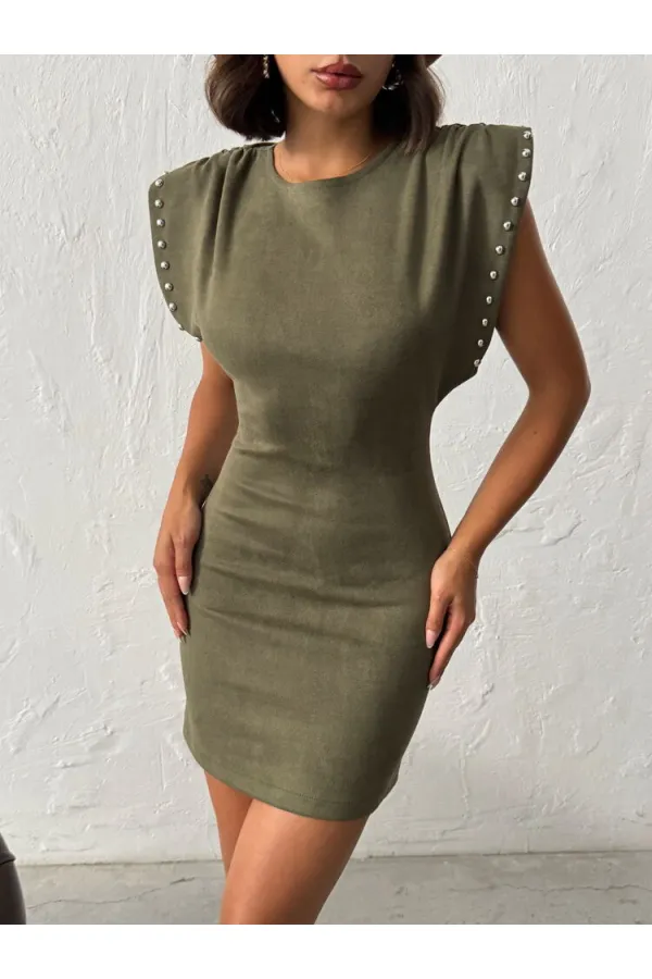 Topshow - Wholesale Drop Scuba Suede Dress - Khaki