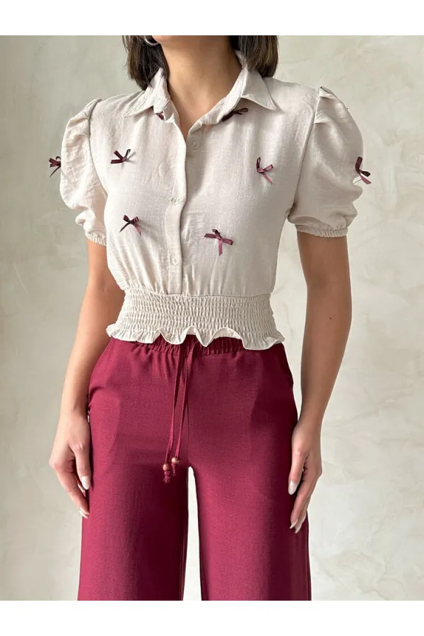 Bow-Tie Linen Wholesale Shirt - Stone | Topshow