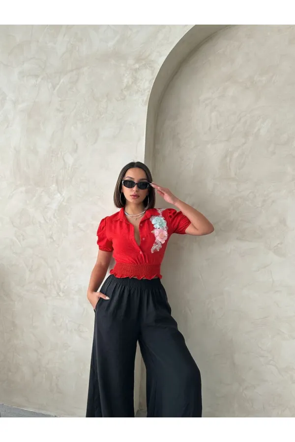 Chemise en lin rouge à fleurs Topshow en gros