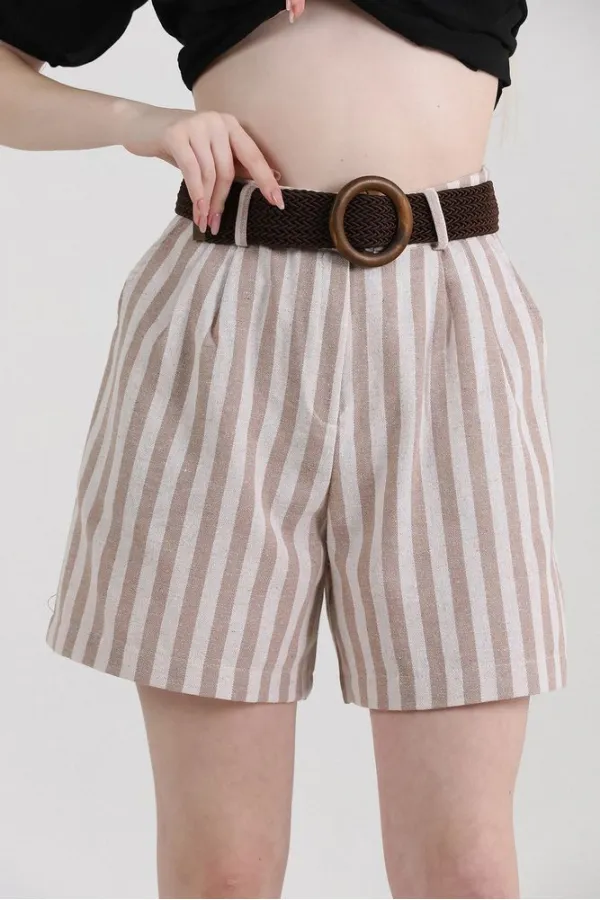 Topshow Stone Striped Belted Linen Wholesale Shorts