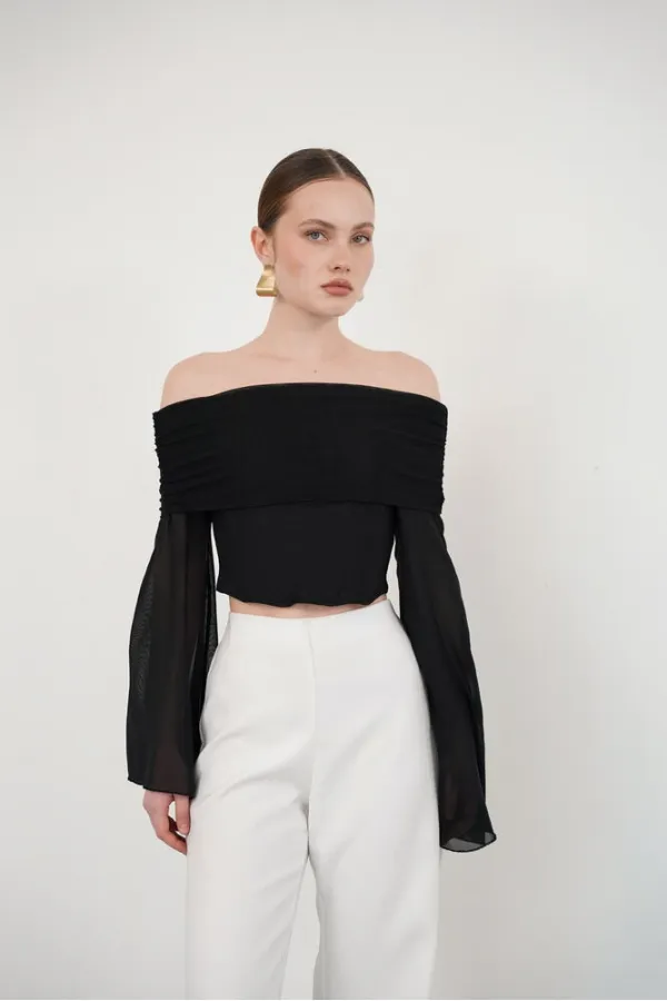 Blouse en tulle à manches longues en gros - Noire | D2977 - Topshow