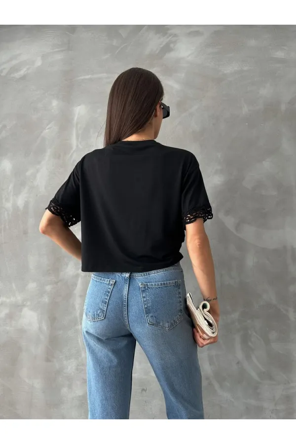 Topshow Siyah Dantel Detaylı Toptan Tişört