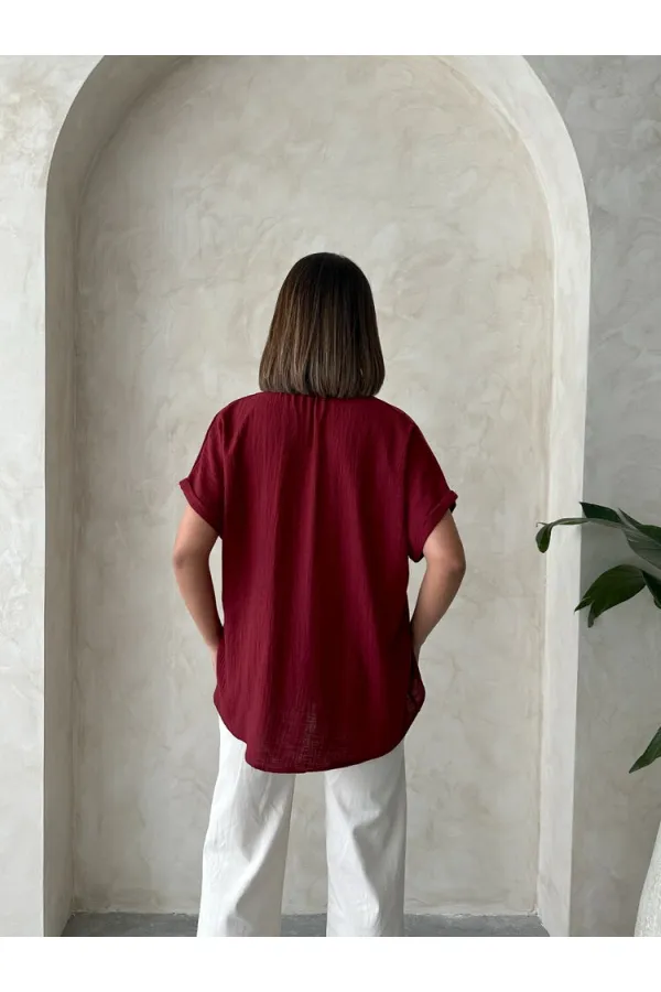 Aplike Cepli Keten Toptan Gömlek - Bordo | Topshow