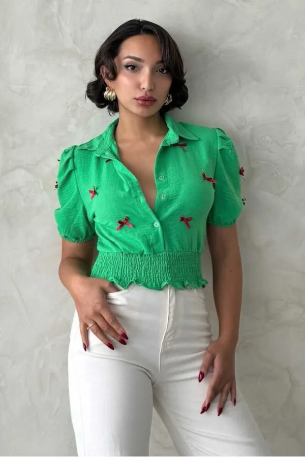 1 Fiyonklu Keten Toptan Gömlek - Zümrüt | Topshow