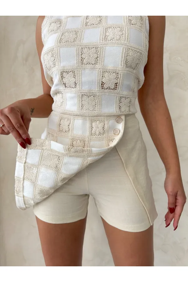 Lace Detailed Square Pattern Shorts Wholesale Skirt - Stone Cream | Topshow