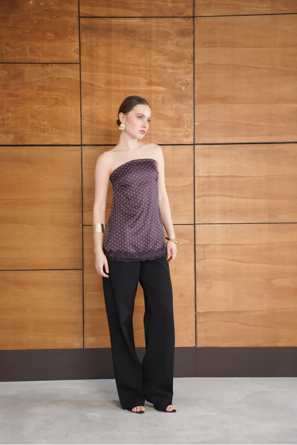 Bustier en satin à pois et détails en dentelle - Café | D2963 - Topshow