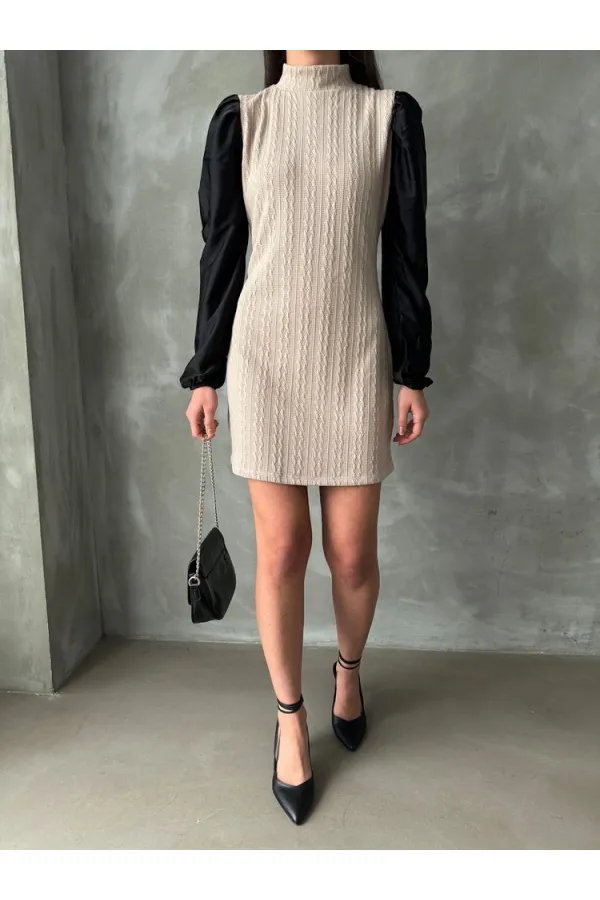 Leather Sleeved Turtleneck Knee-Length Wholesale Dress - Stone | TOPSHOW | F1143