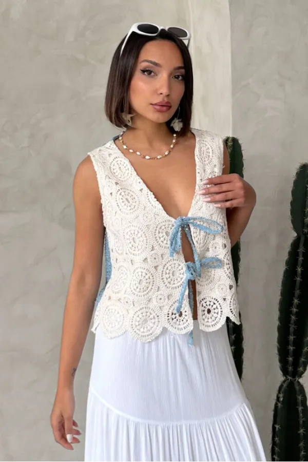 Kot Detaylı Önden Baglamalı Dantel Toptan Yelek   Ham Mavi | Topshow