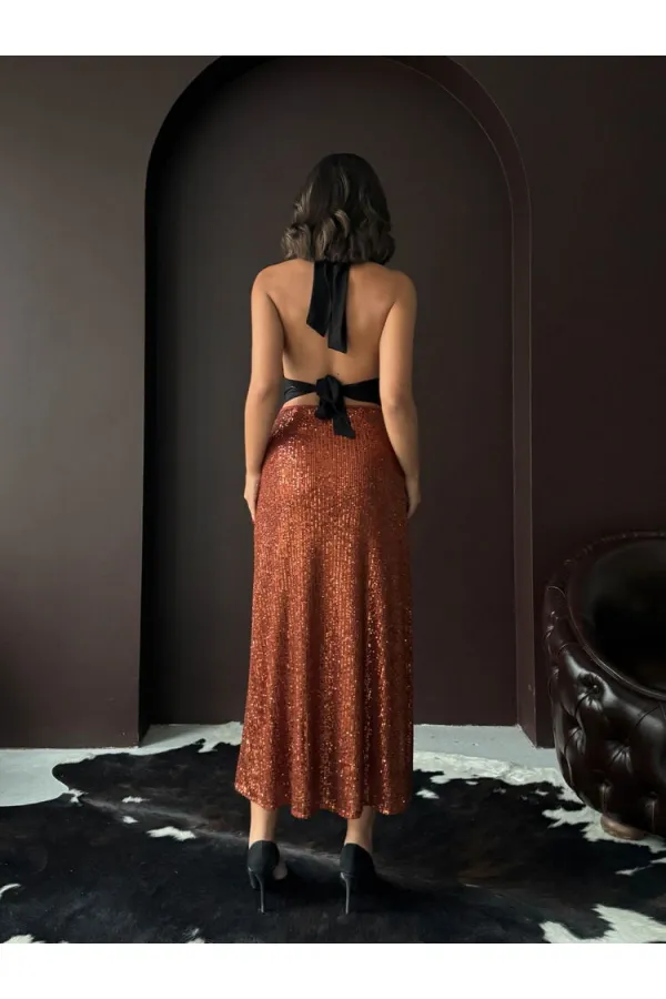 Topshow Brown Sequined Long Skirt - High Waist, Elegant Evening Dress Combination
