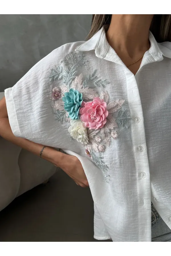 Topshow Krem Çiçek Detaylı Toptan Gömlek