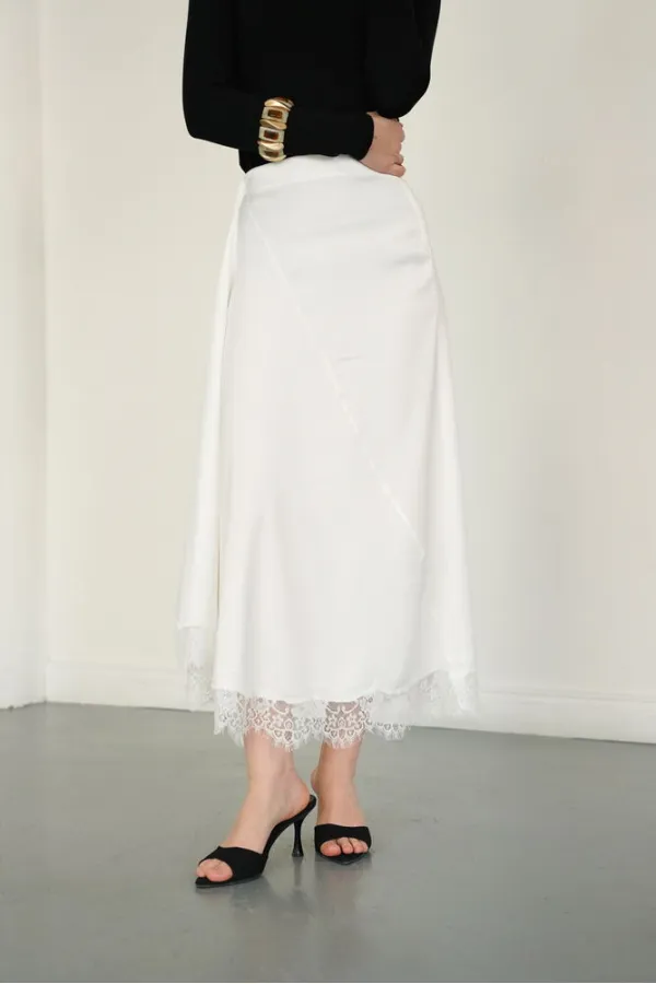 Dantel Detaylı Saten Toptan Etek - Krem | D2930 - Topshow