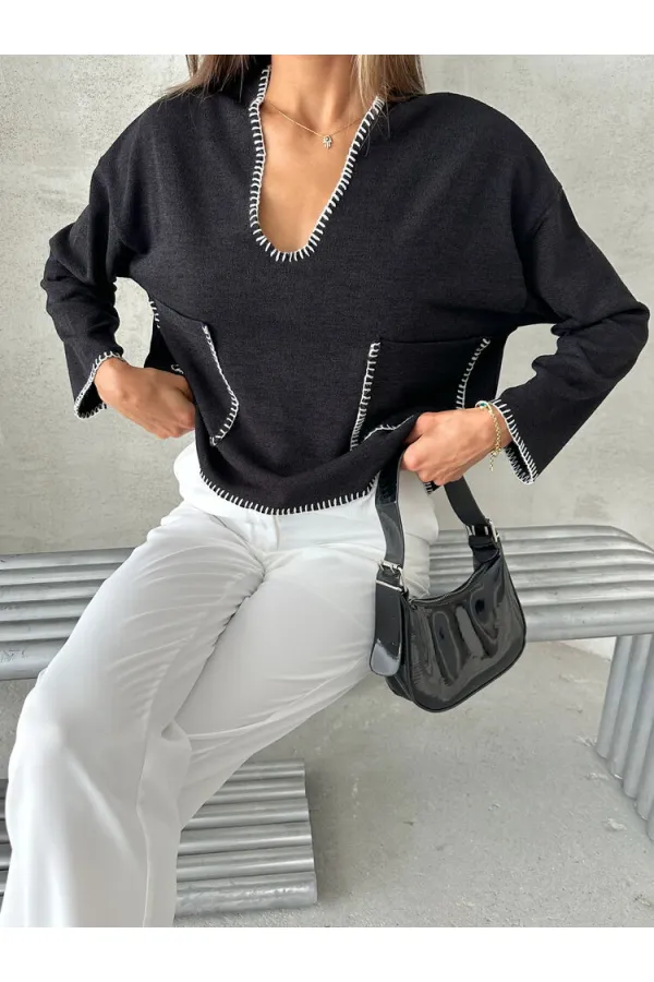 Shepherd's Stitched Knitwear Wholesale Blouse - Black | TOPSHOW | F1652