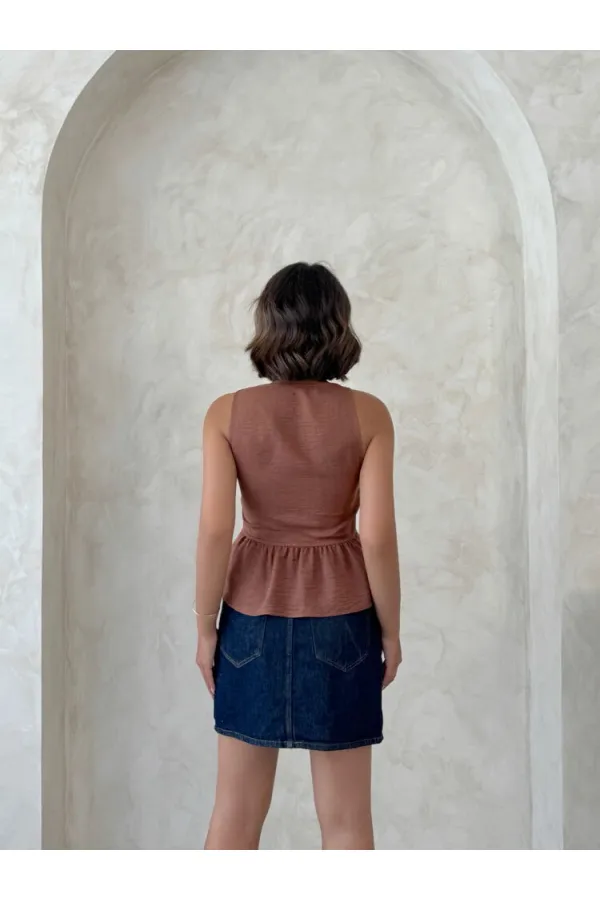 Dantel Detaylı Askılı Toptan Bluz- Kahve | Topshow