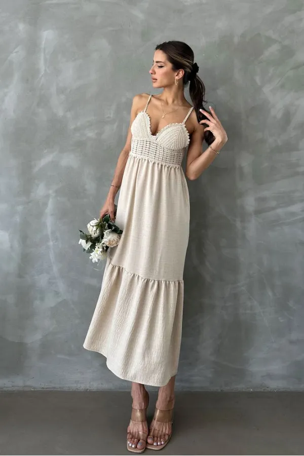 Robe longue Topshow en lin brut à bretelles et col en V, vente en gros