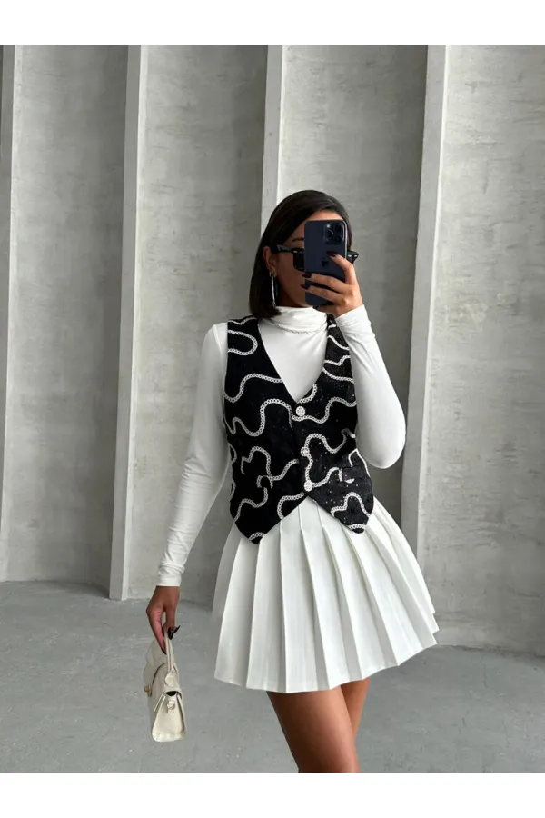 Nakışlı Toptan Yelek - Siyah | TOPSHOW | F1751