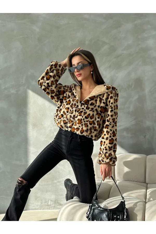 Leopar Bakılı Peluj Toptan Mont - Koyu Taş Leopar | TOPSHOW | F1654