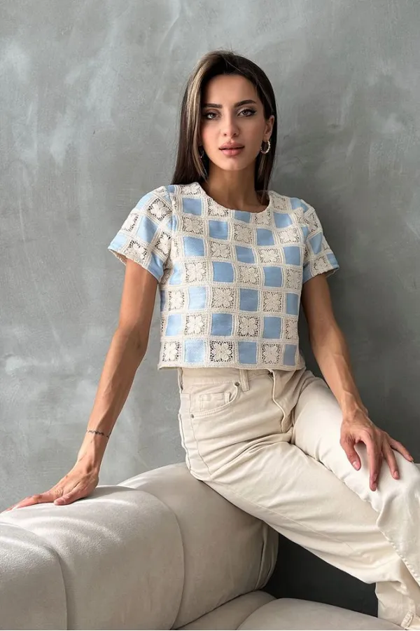 Topshow Raw Blue Short Sleeve Checkerboard Pattern Crochet Wholesale Blouse