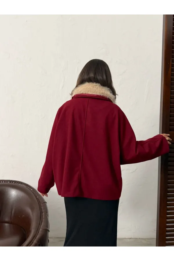 Manteau en cachemire boutonné à col peluche Topshow - Bordeaux | F2048