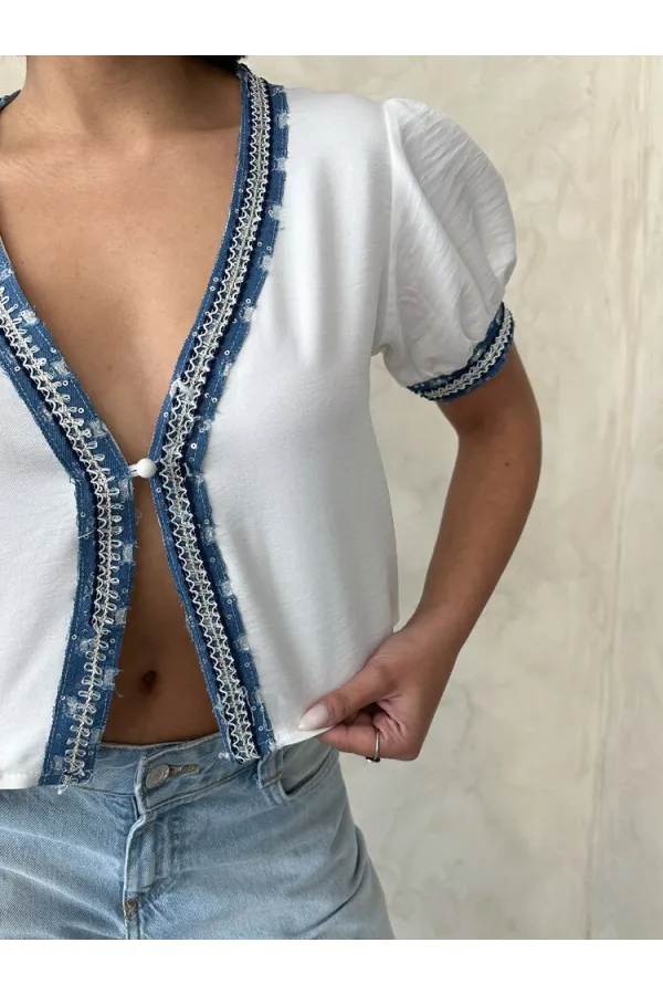 Kot Detaylı Ceket - Krem Topshow