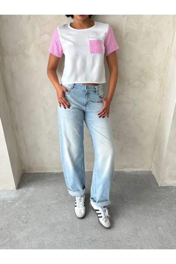 Denim Detailed Wholesale T-Shirt - Cream Pink | Topshow