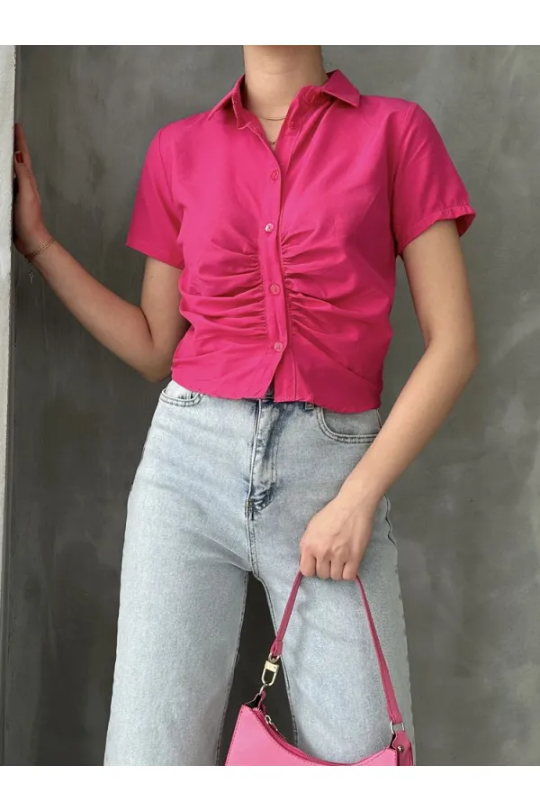 Topshow Fuchsia Gipel Front Gathered Wholesale Blouse
