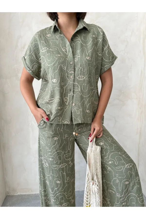 Nakışlı Toptan Gömlek - Açık Haki | Topshow