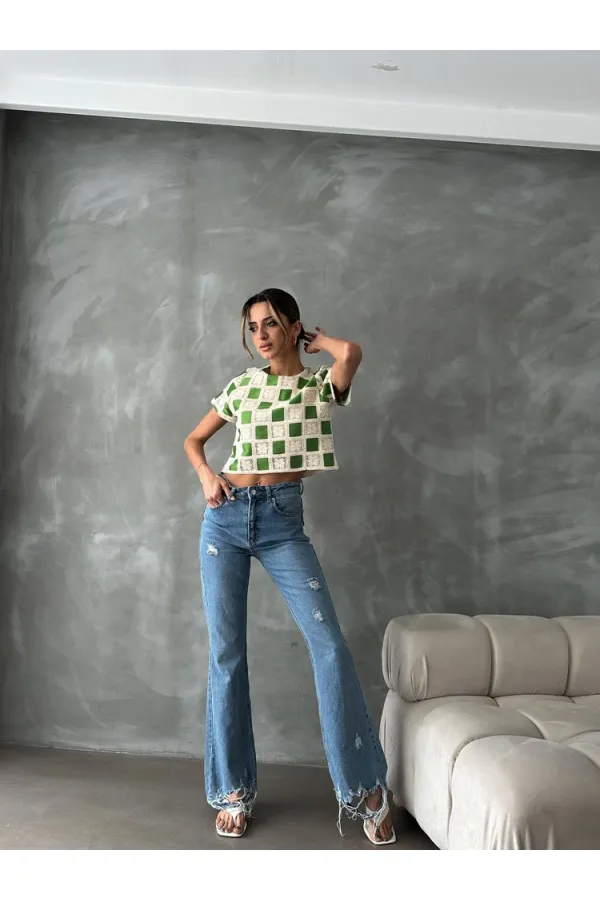 Topshow Raw Emerald Short Sleeve Checkerboard Pattern Crochet Wholesale Blouse
