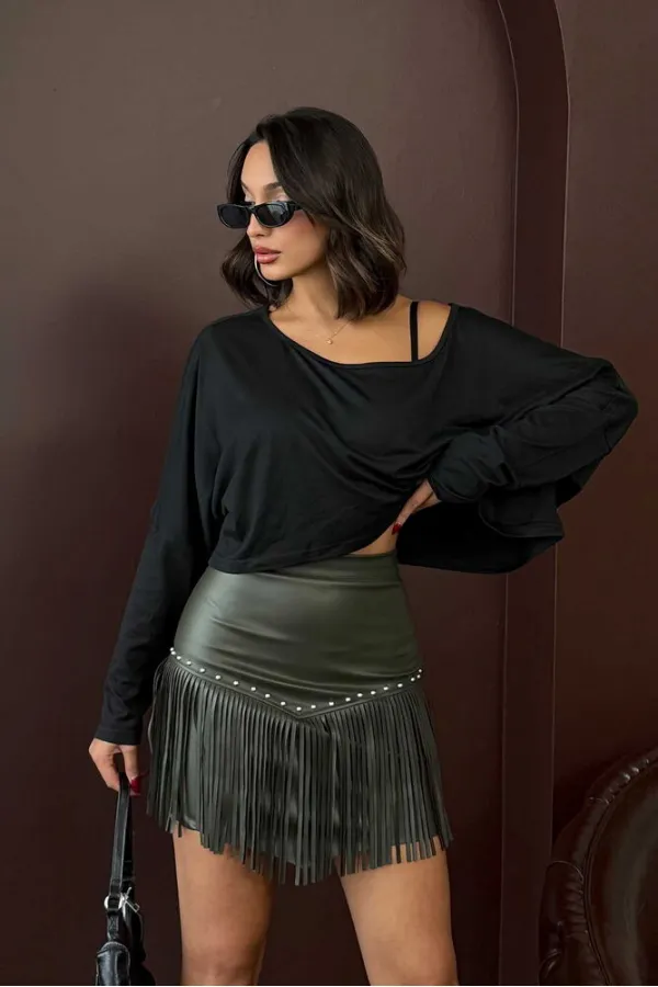 Jupe courte en cuir à franges style western Topshow - Kaki (vente en gros) | F2041