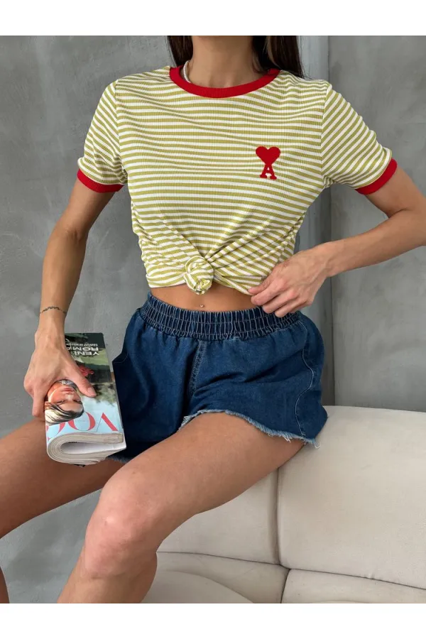 Topshow Fıstık Kırmızı Nakışlı Çizgili Toptan Tişört