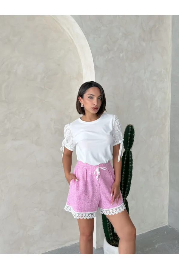 Güpür Detalı Pullu Kot Şort - Pembe | Topshow